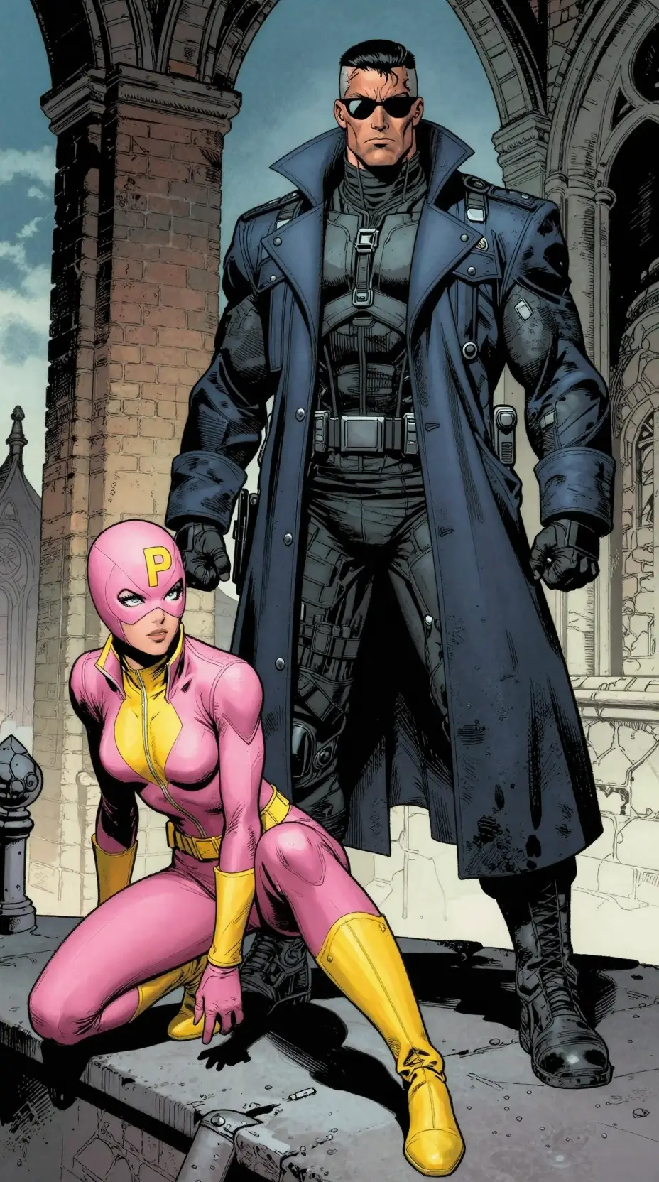 Pink masked superhero crouching on a nighttime city rooftop