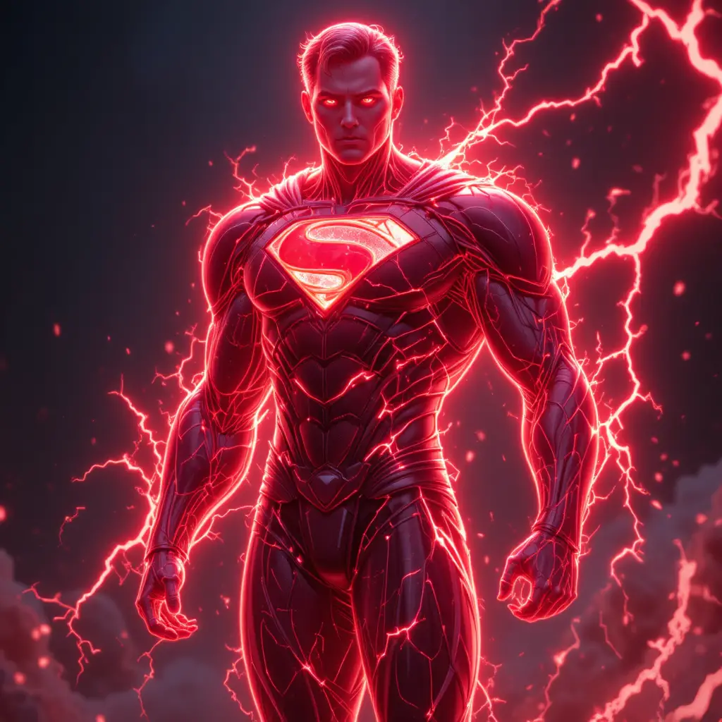 Glowing red energy superhero in abstract animated form