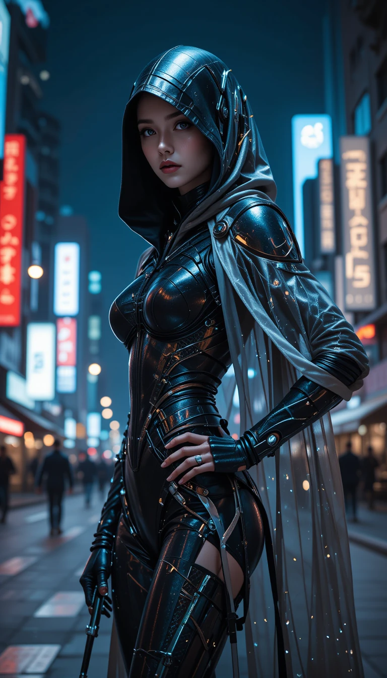 Futuristic fashion assassin in neon lit cityscape