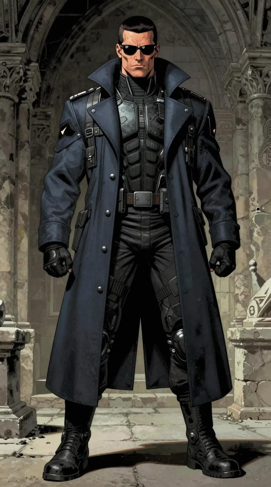 Grim futuristic operative in a gothic stone crypt