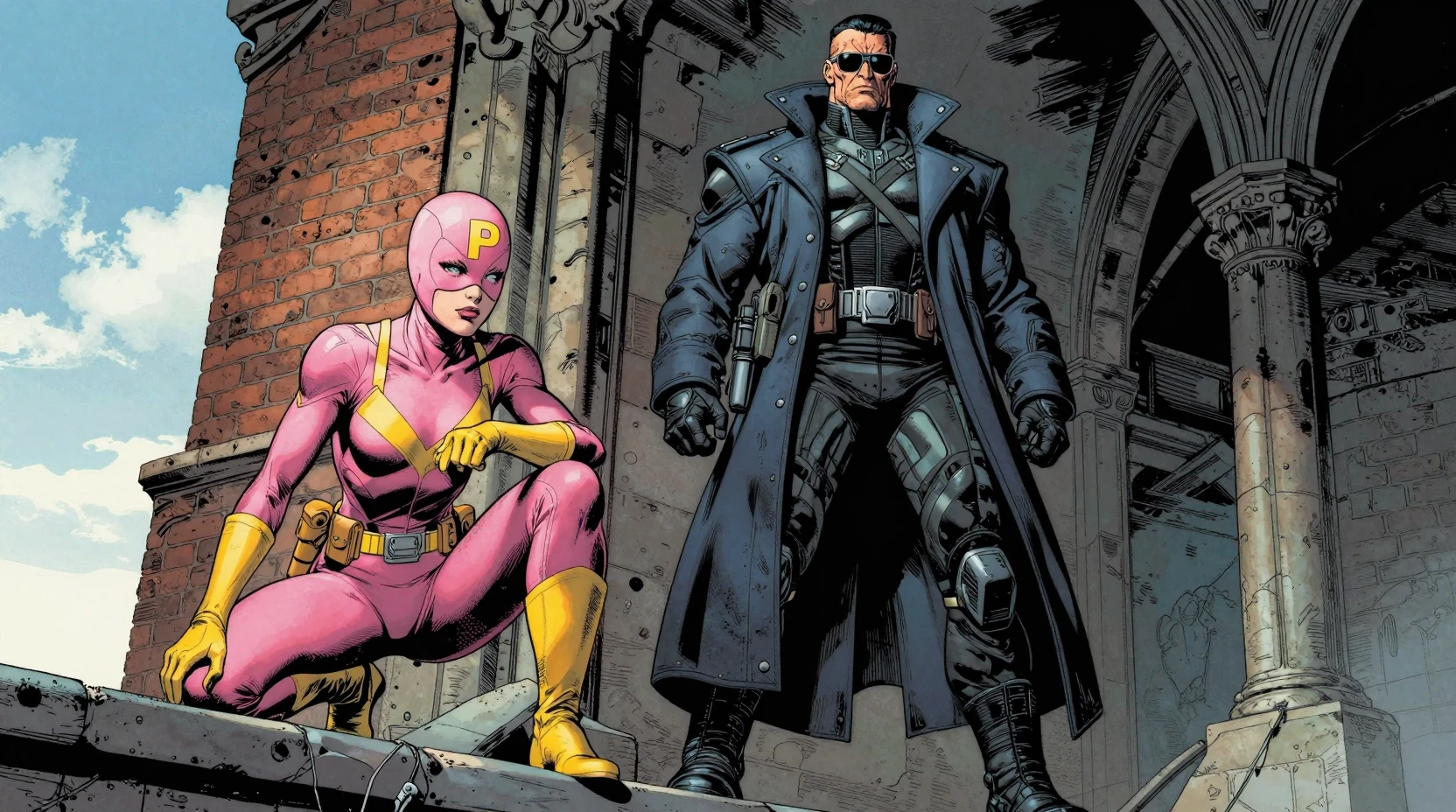 Pink masked superhero crouching on a city rooftop