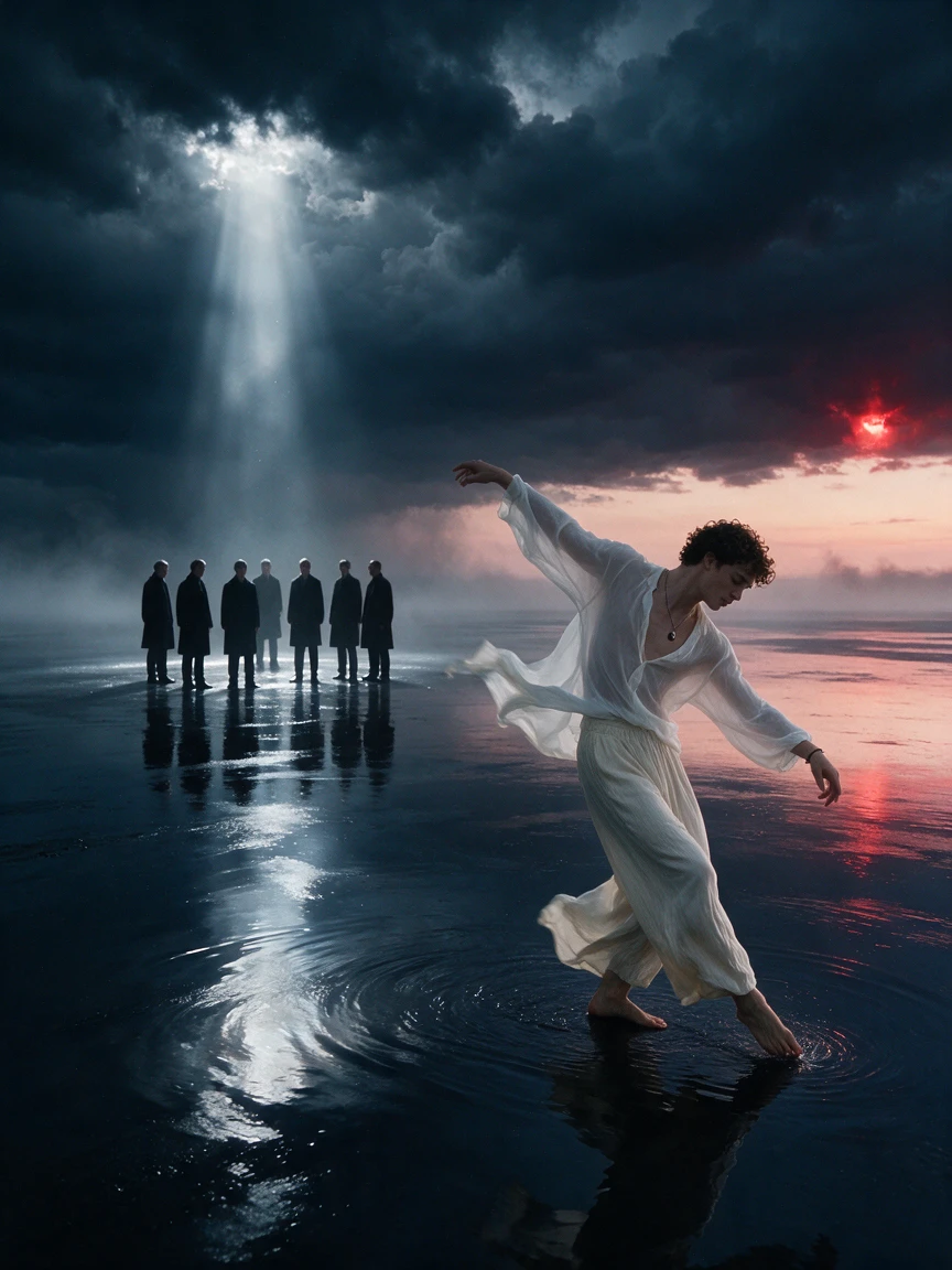 Young man dancing alone on a dark reflective ocean