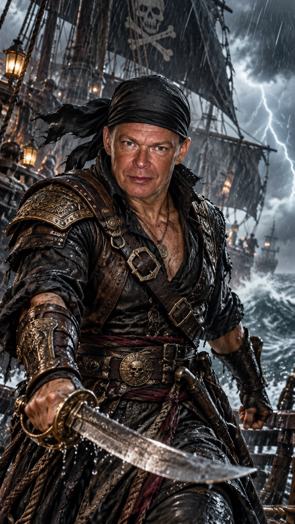 Feroz pirata marchando junto a un galeón en plena tormenta