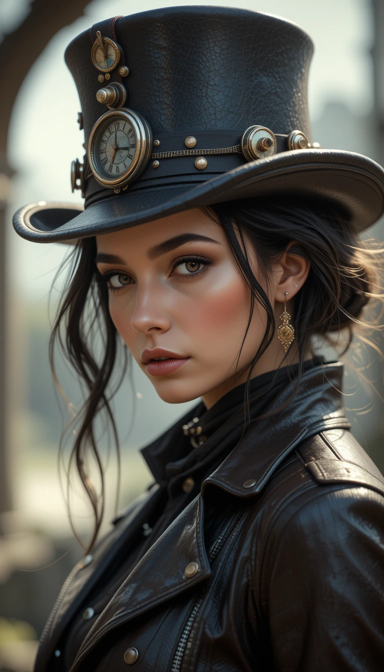 Gros plan d’une femme anime avec chapeau steampunk et veste en cuir