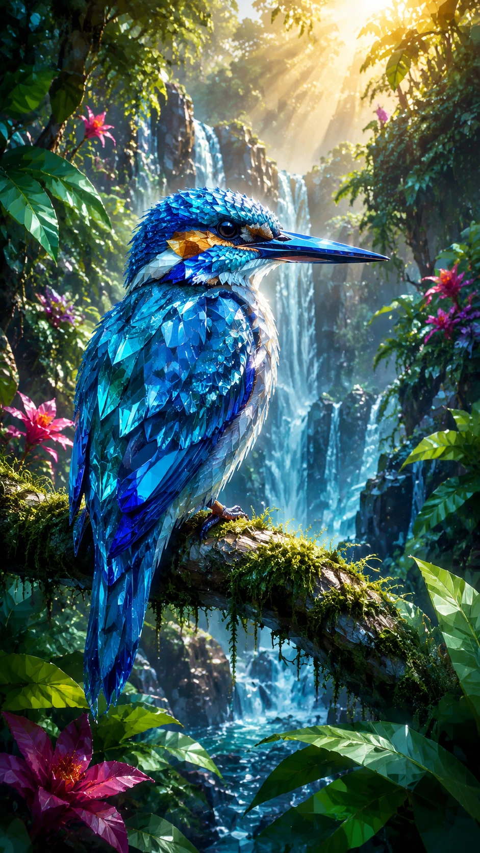 Martim-pescador de cristal em galho musgoso sobre cachoeira na selva