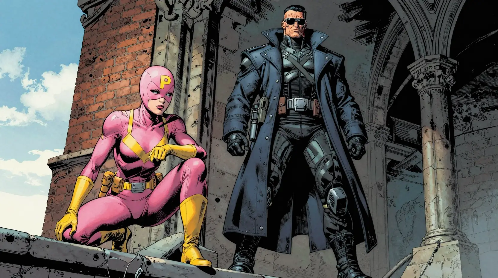 Pink masked superhero crouching on a city rooftop