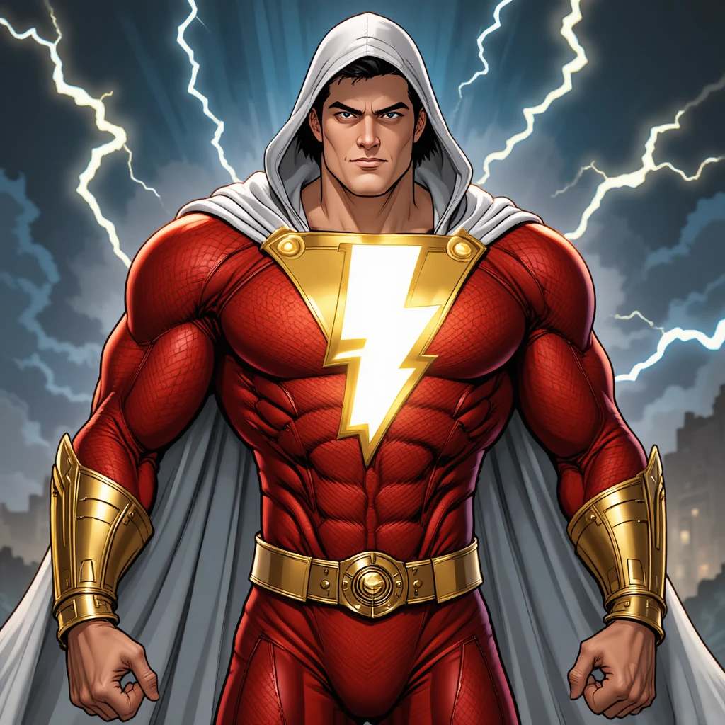 Super-herói encapuzado vermelho blindado com emblema de raio brilhante