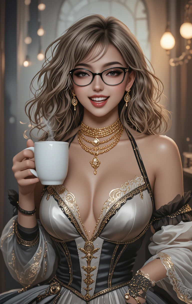 Capitã glamourosa sorrindo com café à noite