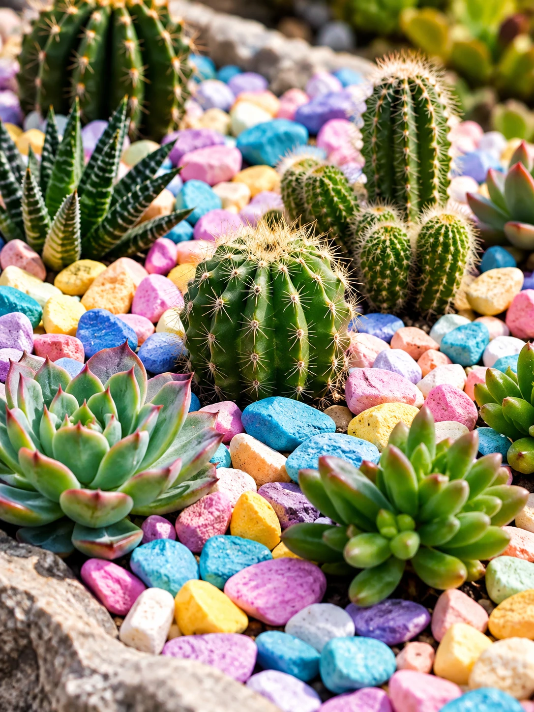 Colorful cactus plants among bright pastel pebble stones