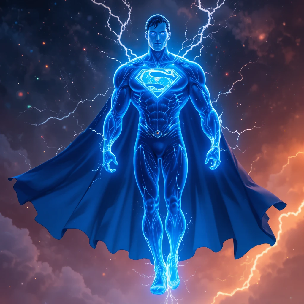 Silhueta de super‑herói azul brilhante em energia cósmica de safira