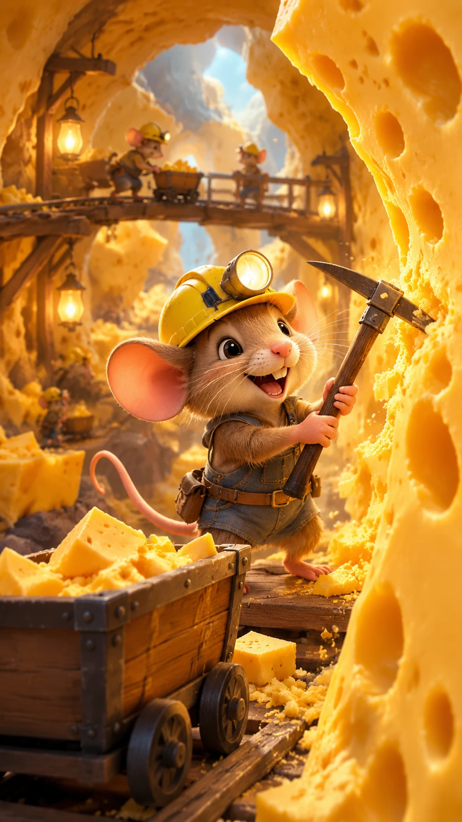 Rato mineiro alegre cavando queijo em uma caverna vibrante