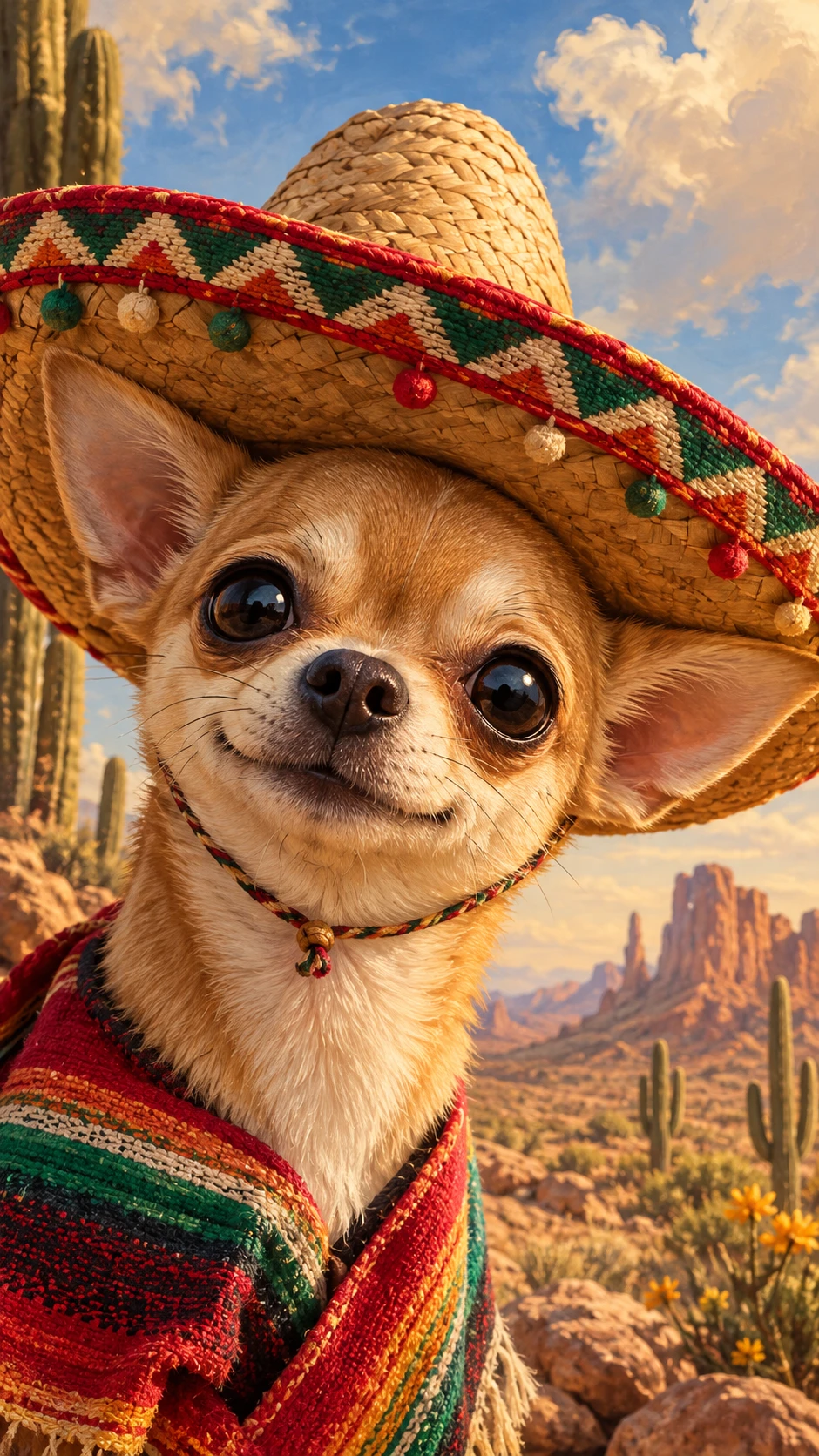 Chihuahua fofo usando sombrero em um deserto ensolarado