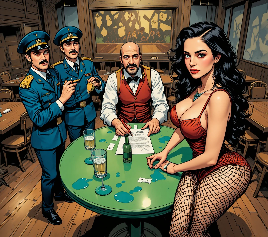 Soldados cômicos observando uma cena de mesa de cartas em um saloon rústico