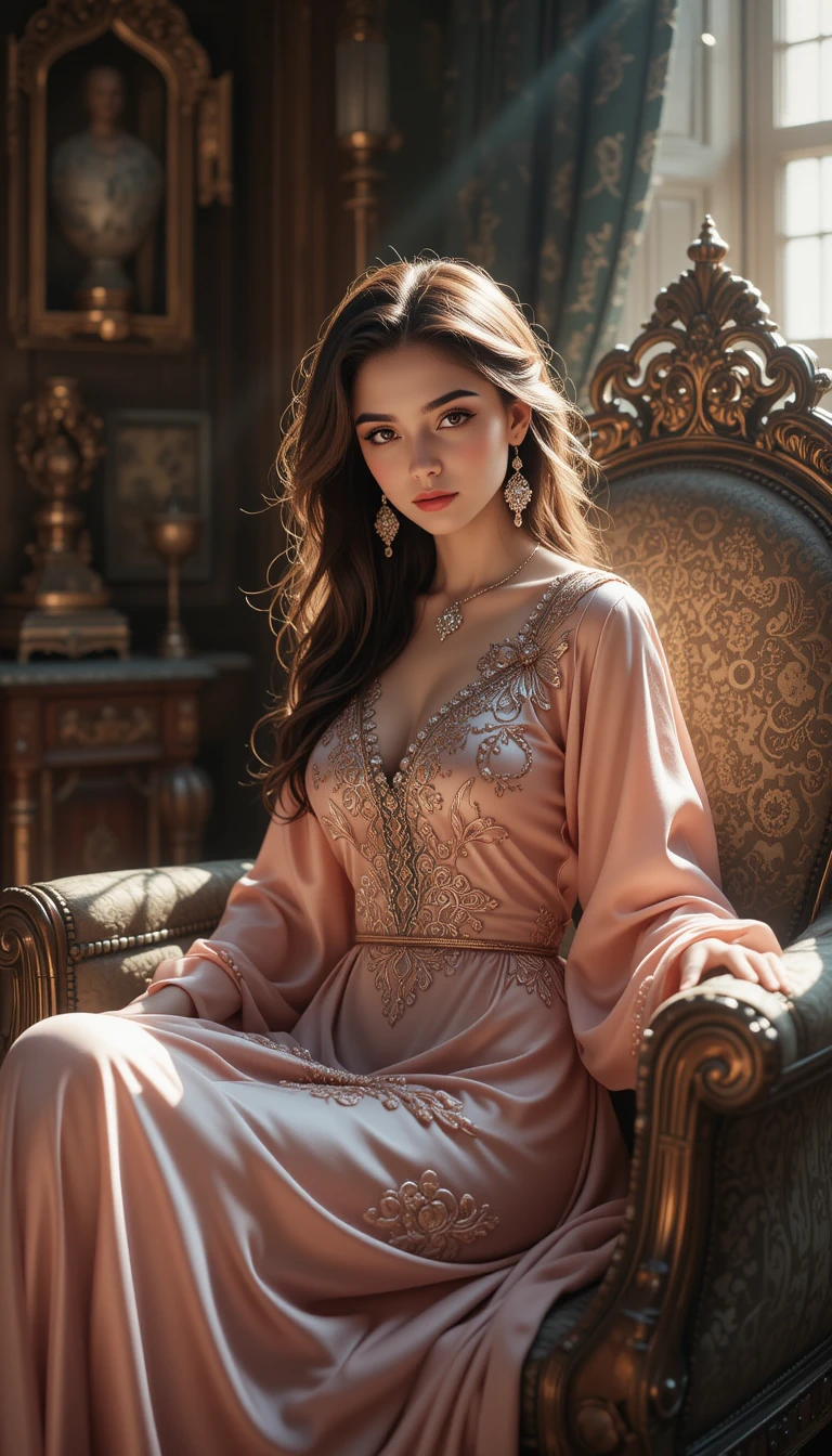 Mulher morena em vestido árabe sentada em cadeira de luxo