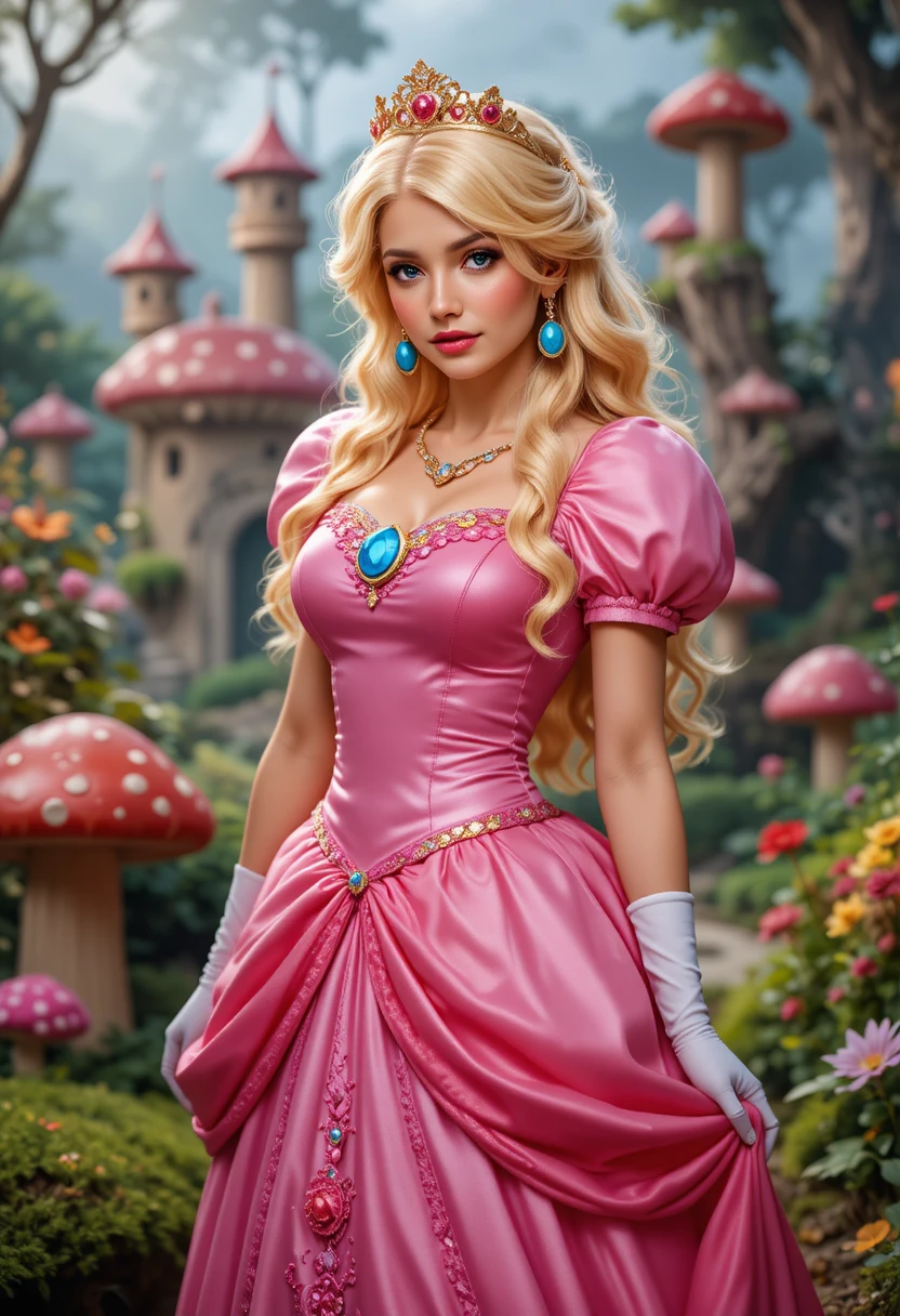 Mulher hispânica de vestido rosa em um reino de cogumelos fantástico