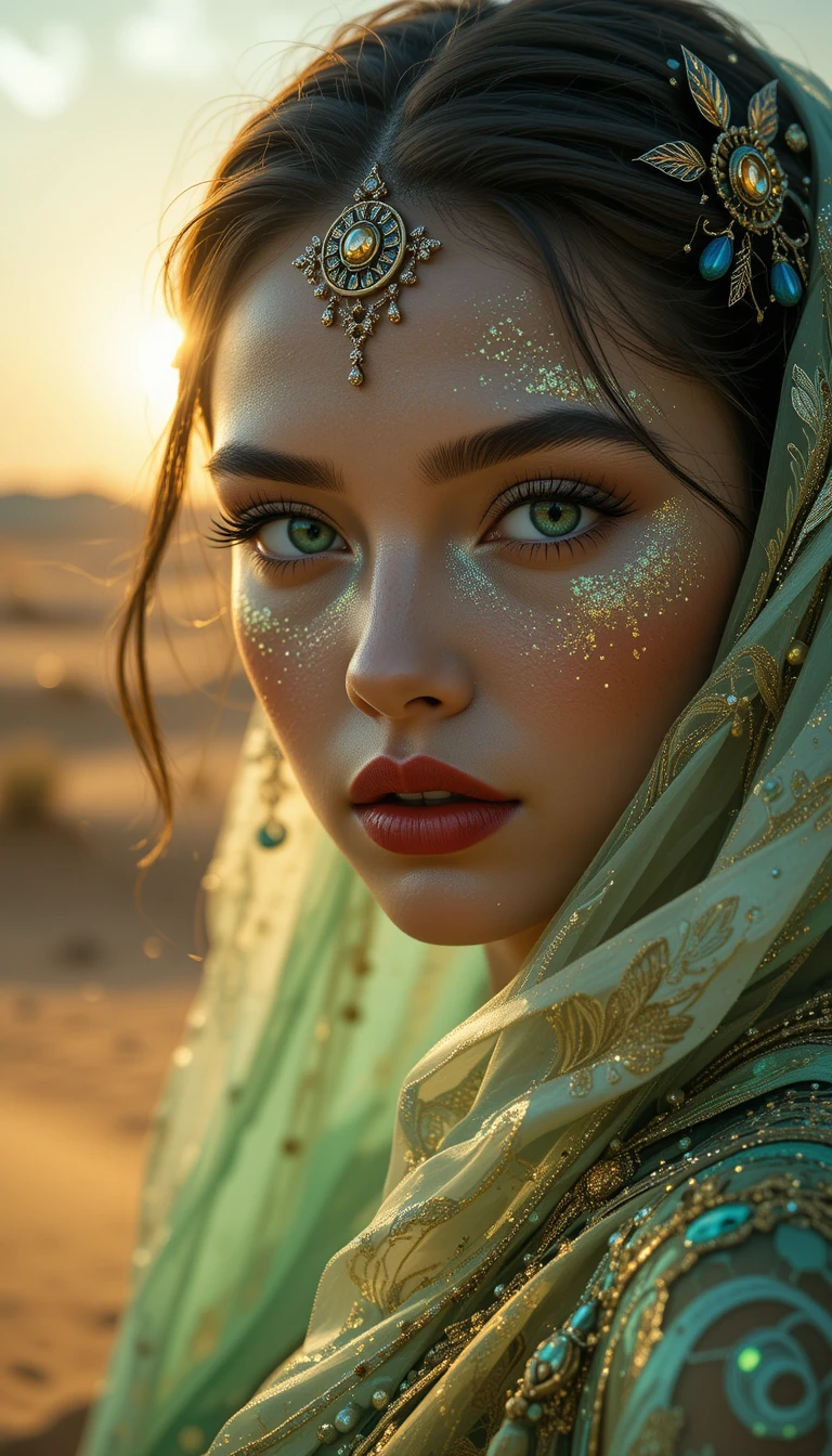Close cinematográfico de uma mulher joia em seda do deserto