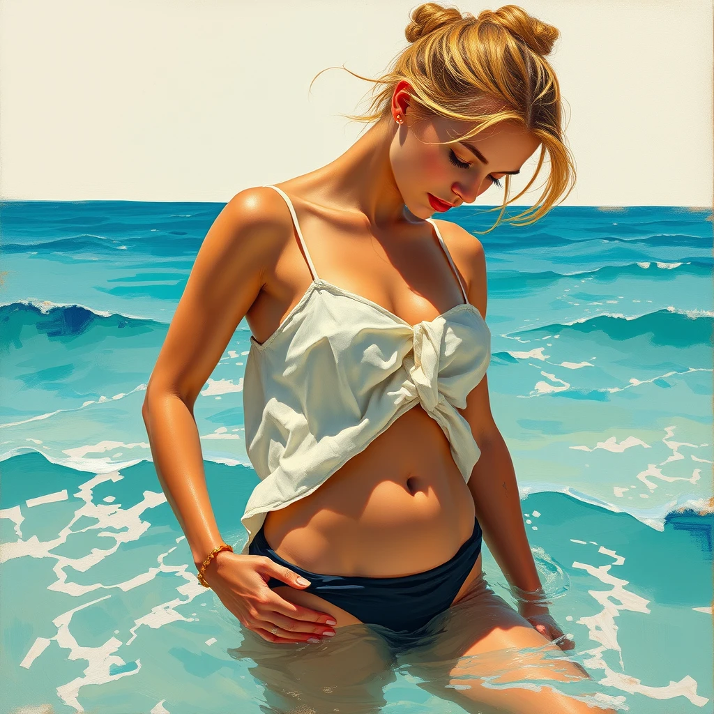 Jovem mulher em mar turquesa em pintura a óleo impressionista