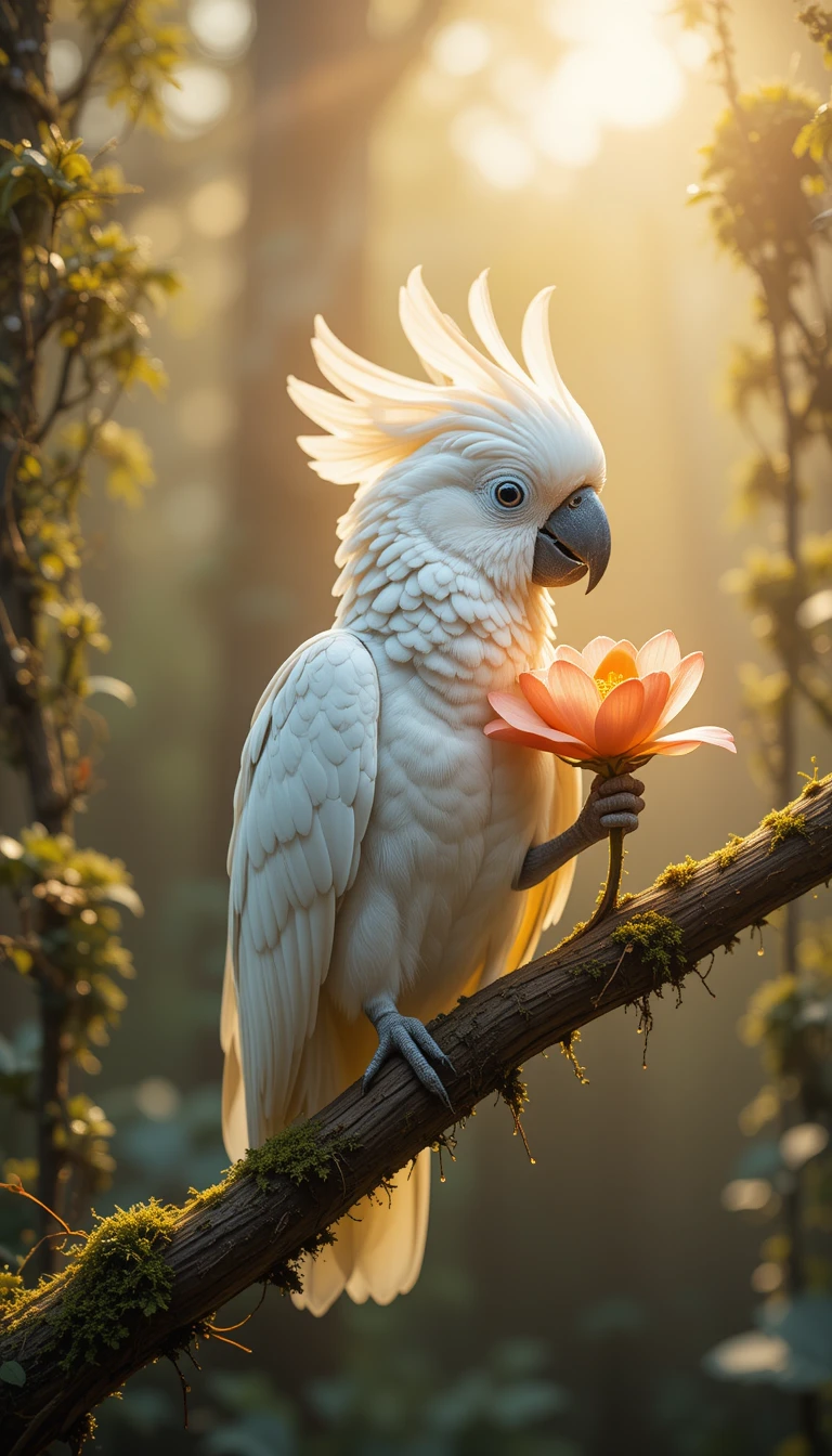White cockatoo with flower in soft forest sunlight