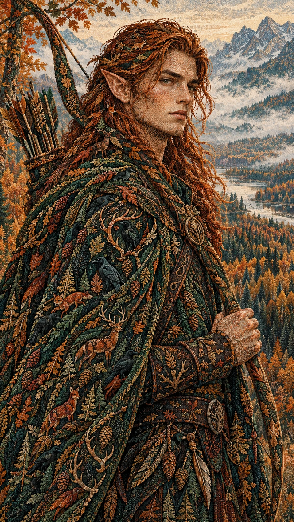 Retrato de arquero elfo del bosque en paisaje otoñal simbólico