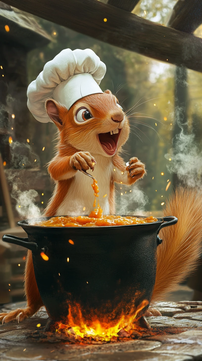 Esquilo chef alegre cozinhando em uma cozinha mágica na floresta