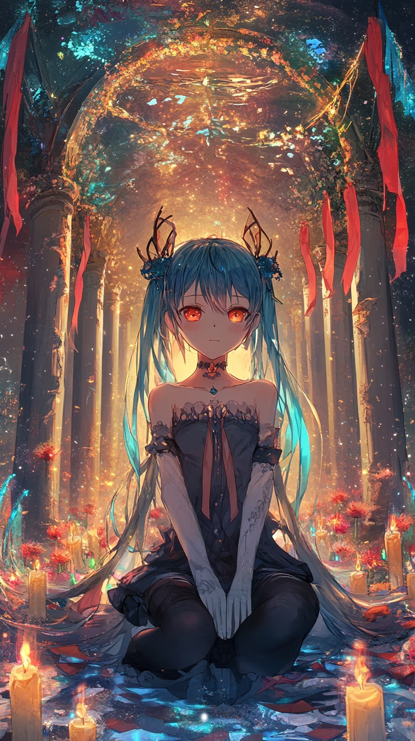 Garota de anime sob um arco de vidro brilhante com velas e flores