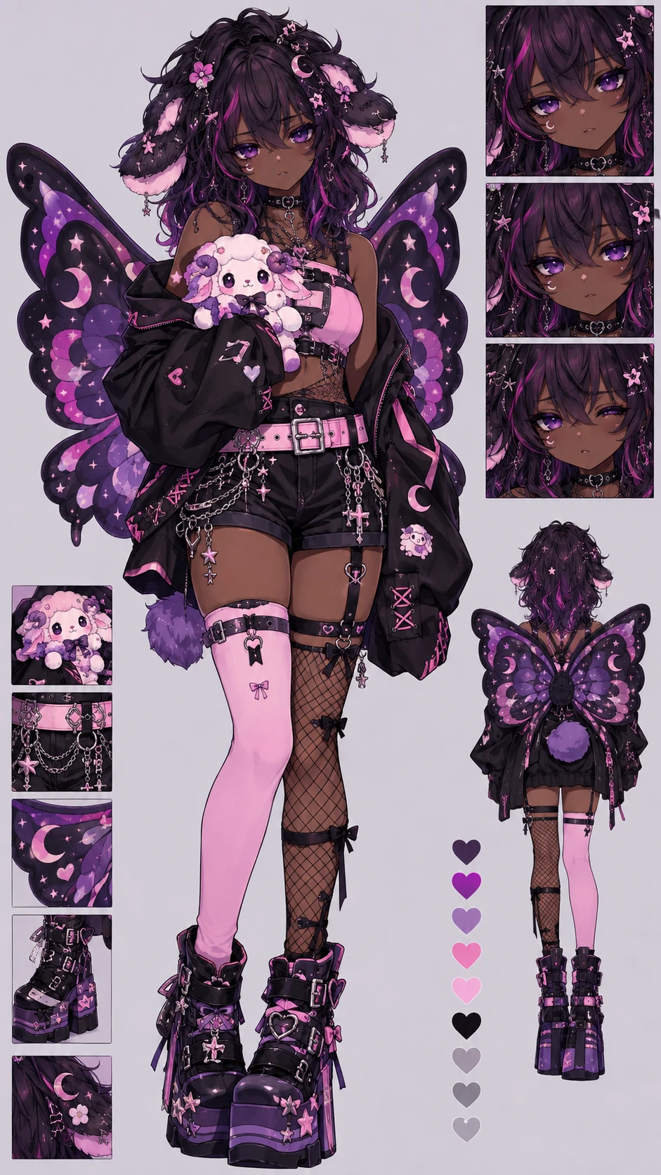 Garota anime kawaii gótica com orelhas de cordeiro e asas de fada