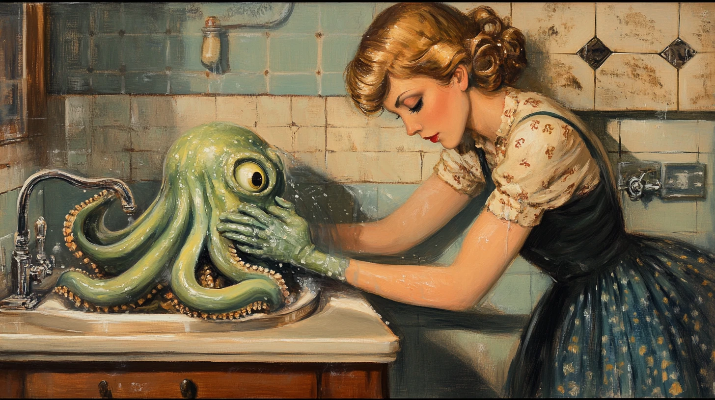 Femme vintage lavant un petit Cthulhu dans l’évier de la cuisine