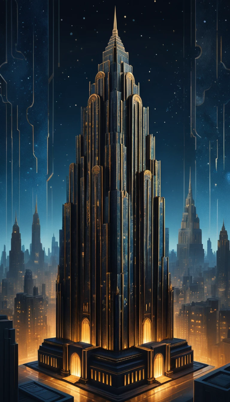 Arranha-céu art déco erguendo-se sobre uma metrópole ao crepúsculo
