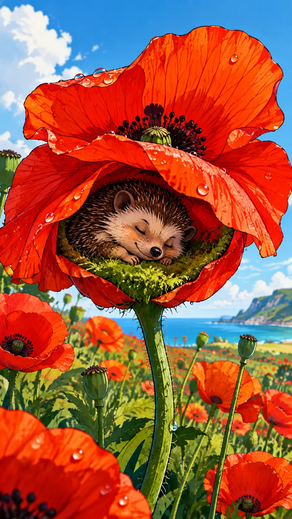 Fröhliche digitale Illustration mit lebendigem Mohnblumen‑Thema