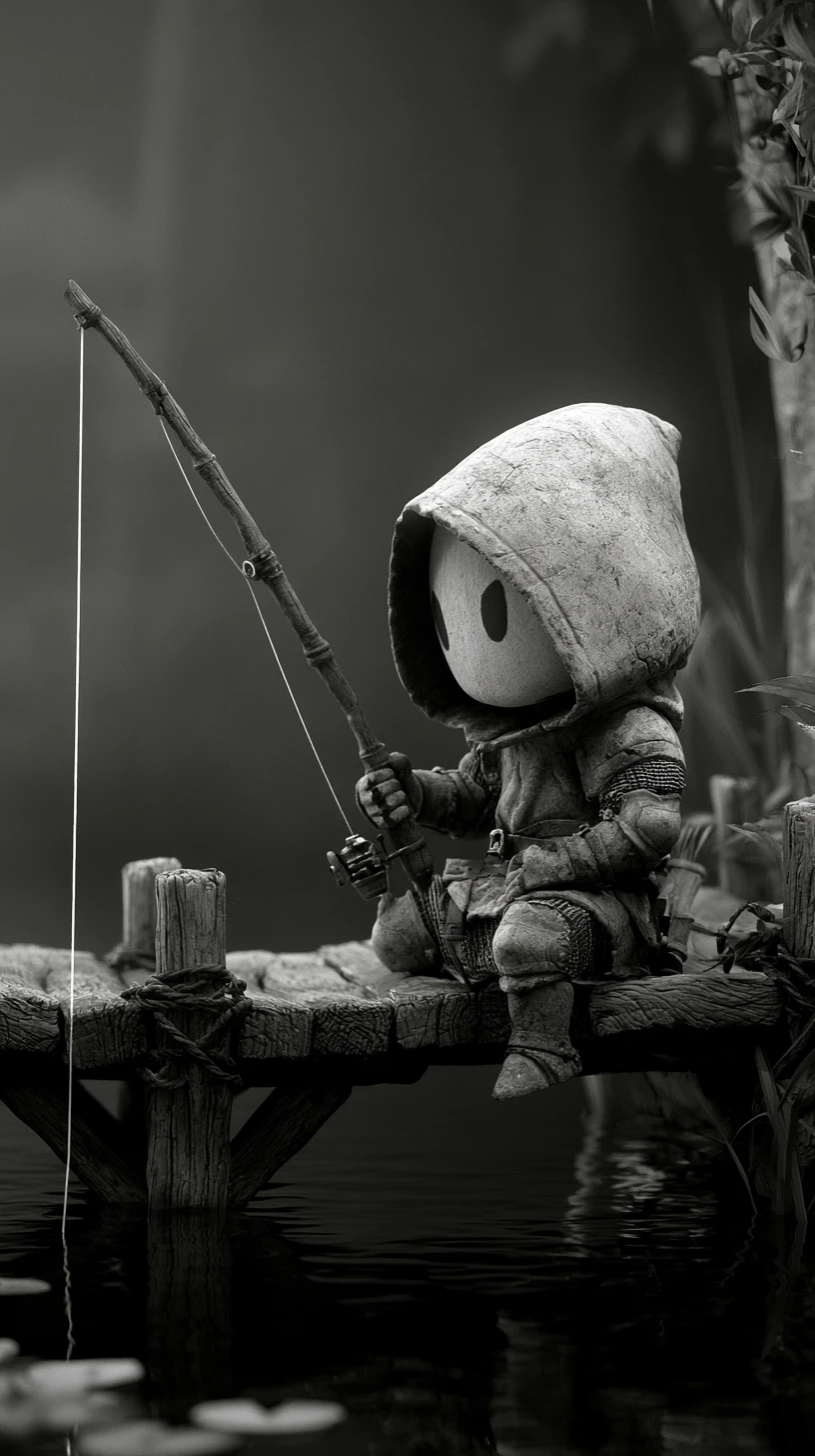 Pequeno guerreiro medieval pescando em uma pequena ponte de madeira