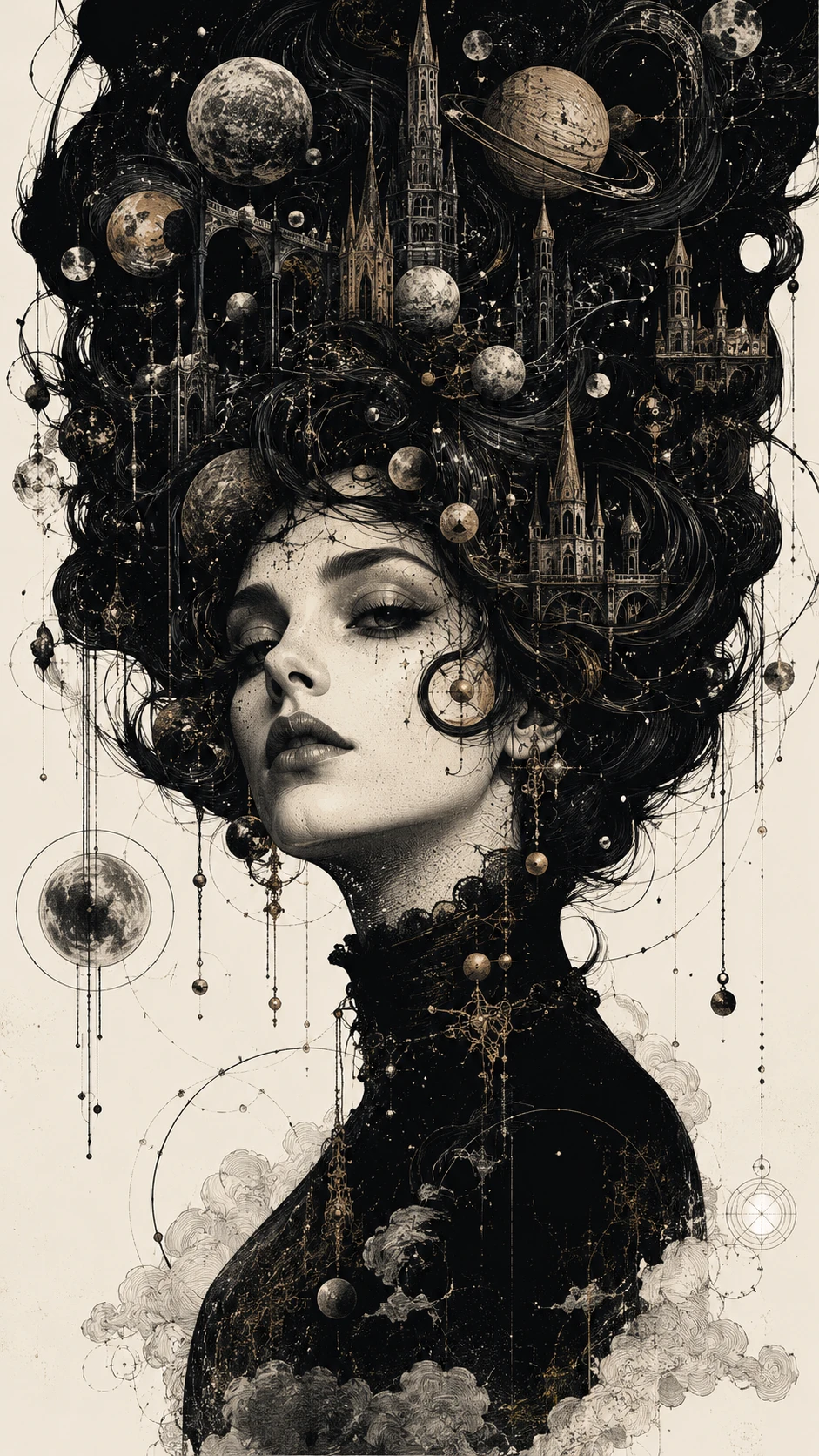 Retrato surreal de uma mulher com penteado escultural cósmico