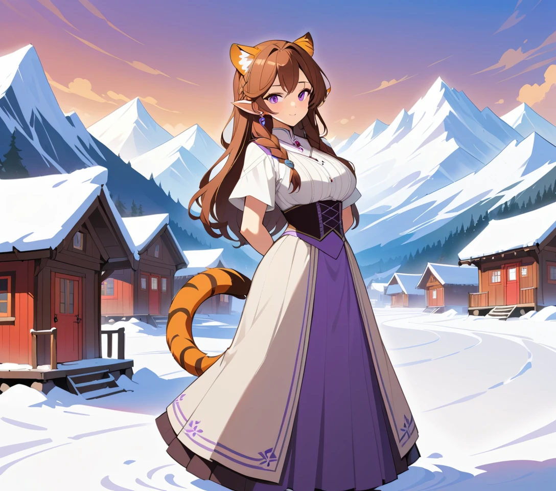 Regal tigress woman in Norwegian bunad before snowy peaks