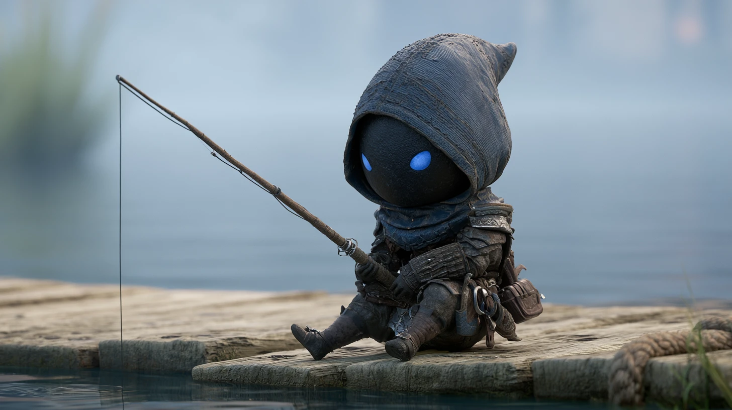 Tiny medieval warrior fishing alone on a misty bridge