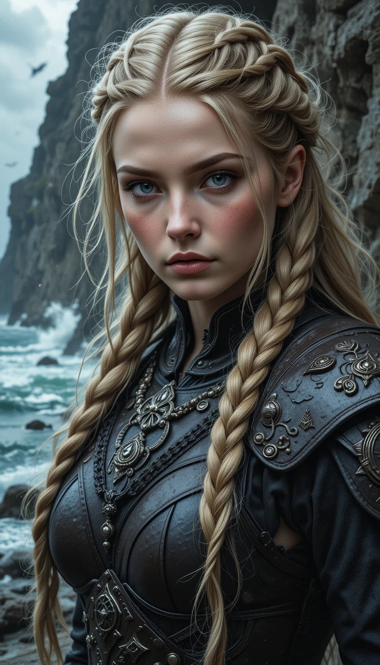 Retrato en primer plano de siniestra guerrera vikinga rubia
