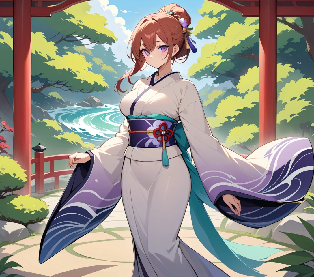 Mulher elegante em quimono furisode em um sereno jardim zen