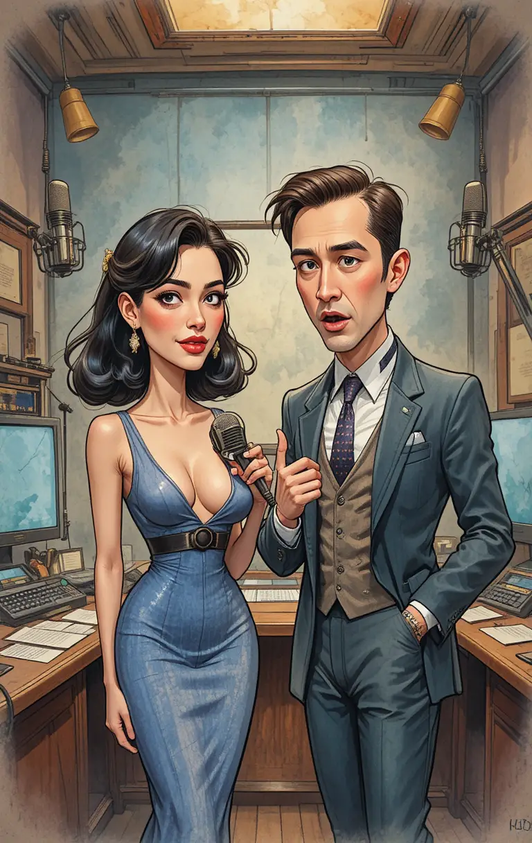 Retro cartoon radio studio with tense hosts at microphones