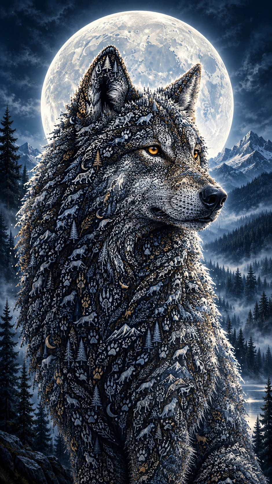 Retrato majestoso de lobo sob uma lua cheia radiante