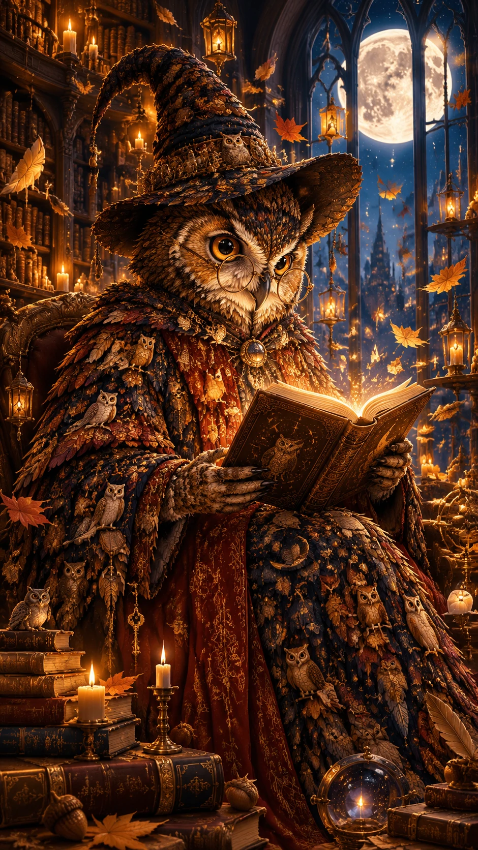 Eulenmagier in Herbstroben liest in verzauberter Bibliothek