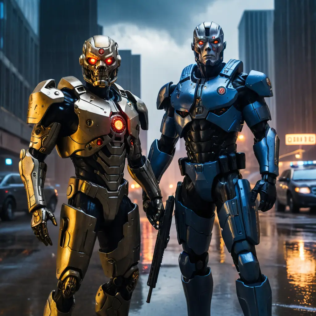 Cyborg-Krieger und gepanzerter Cop in regnerischen dystopischen Straßen
