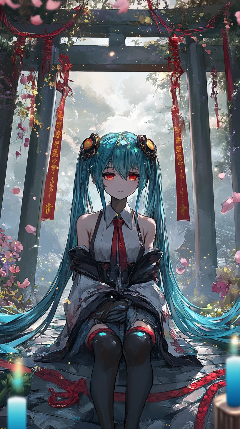 Garota de anime sob um arco de vidro colorido brilhante
