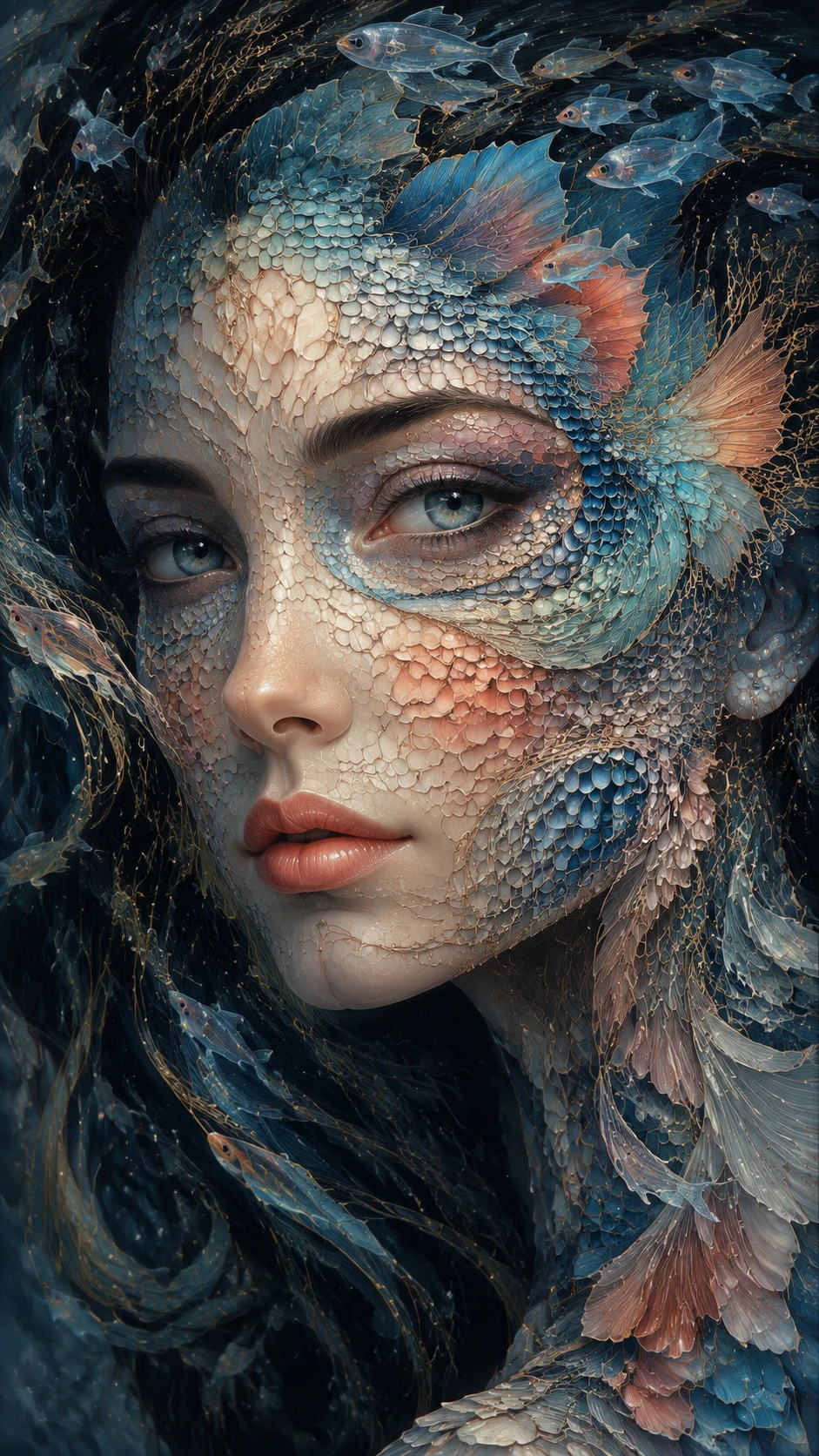 Retrato surreal de mulher com rosto de escamas de peixe e nadadeiras fluidas