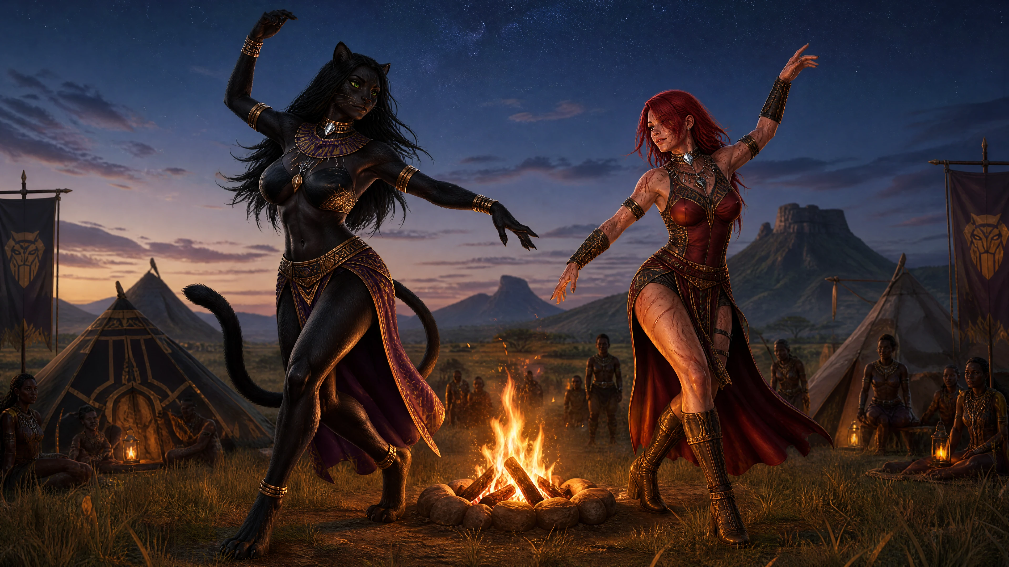 Duas rainhas guerreiras dançando em volta de uma fogueira em Wakanda