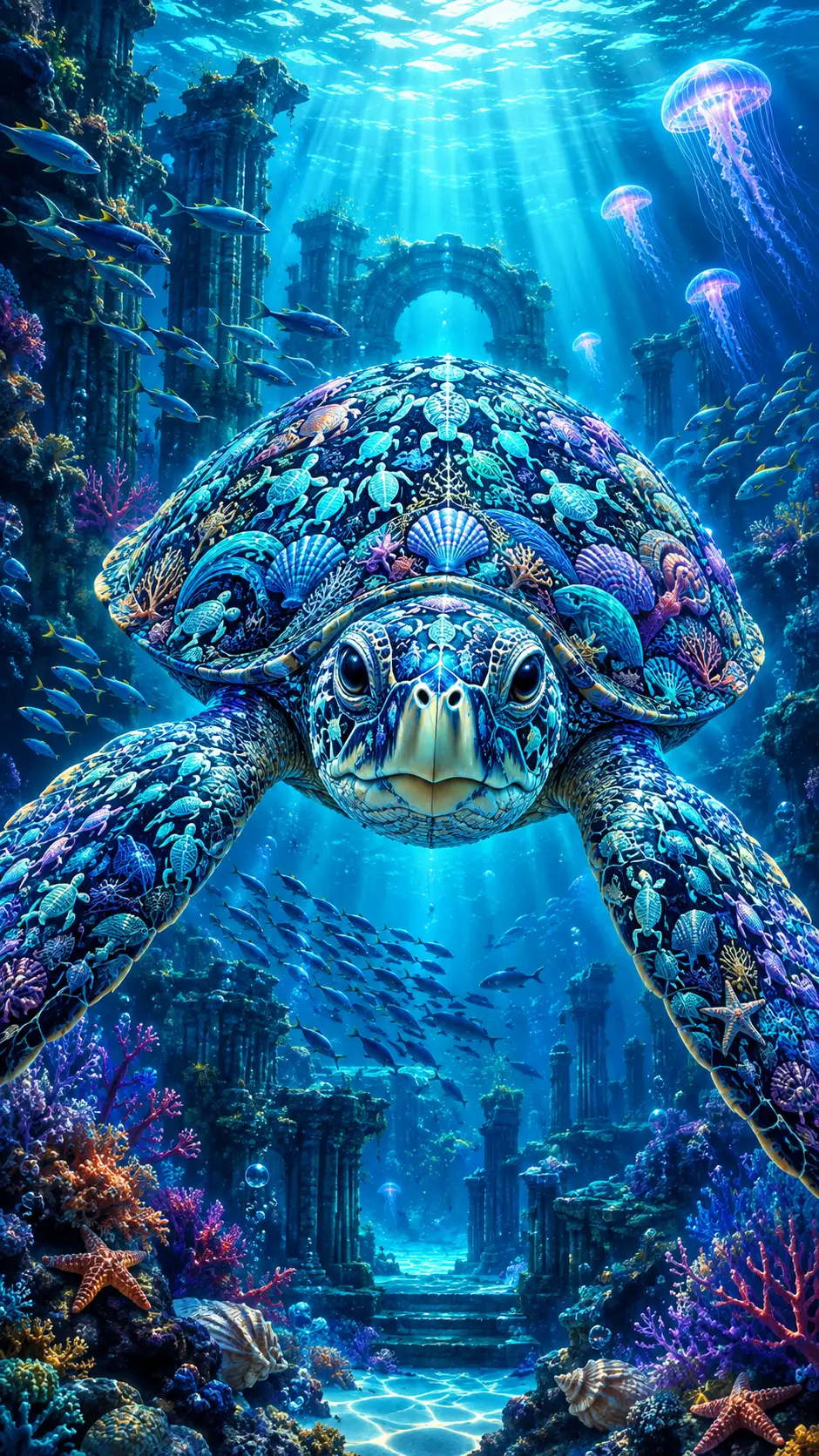 Tortue de mer nageant vers le spectateur dans des ruines sous-marines mystiques