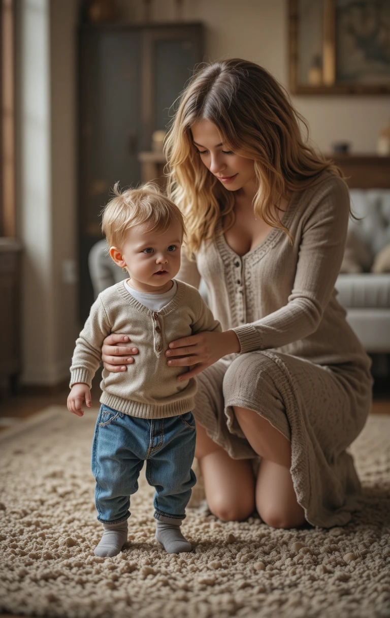 Jeune mère aidant tendrement son bébé à faire ses premiers pas