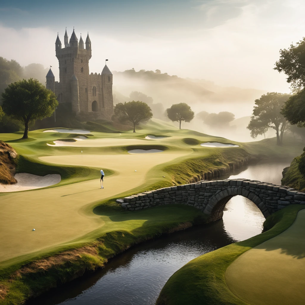 Fantasy golf course among misty hills and ancient stone ruins