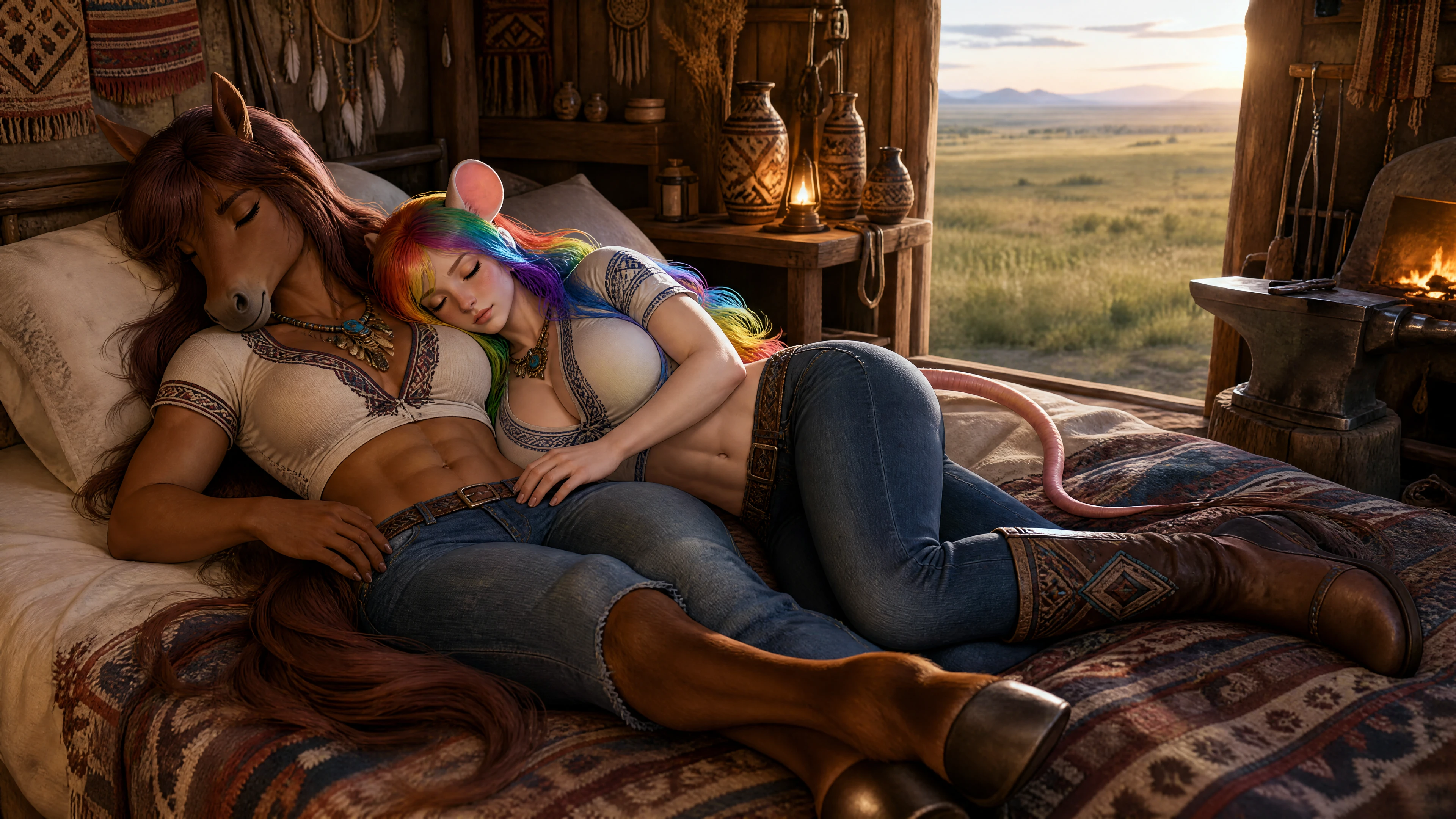 Anthro horse woman and mouse woman sleeping in bed