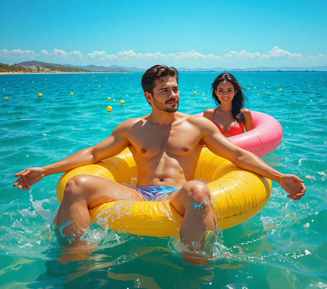 Man relaxing in a yellow float on a calm blue sea