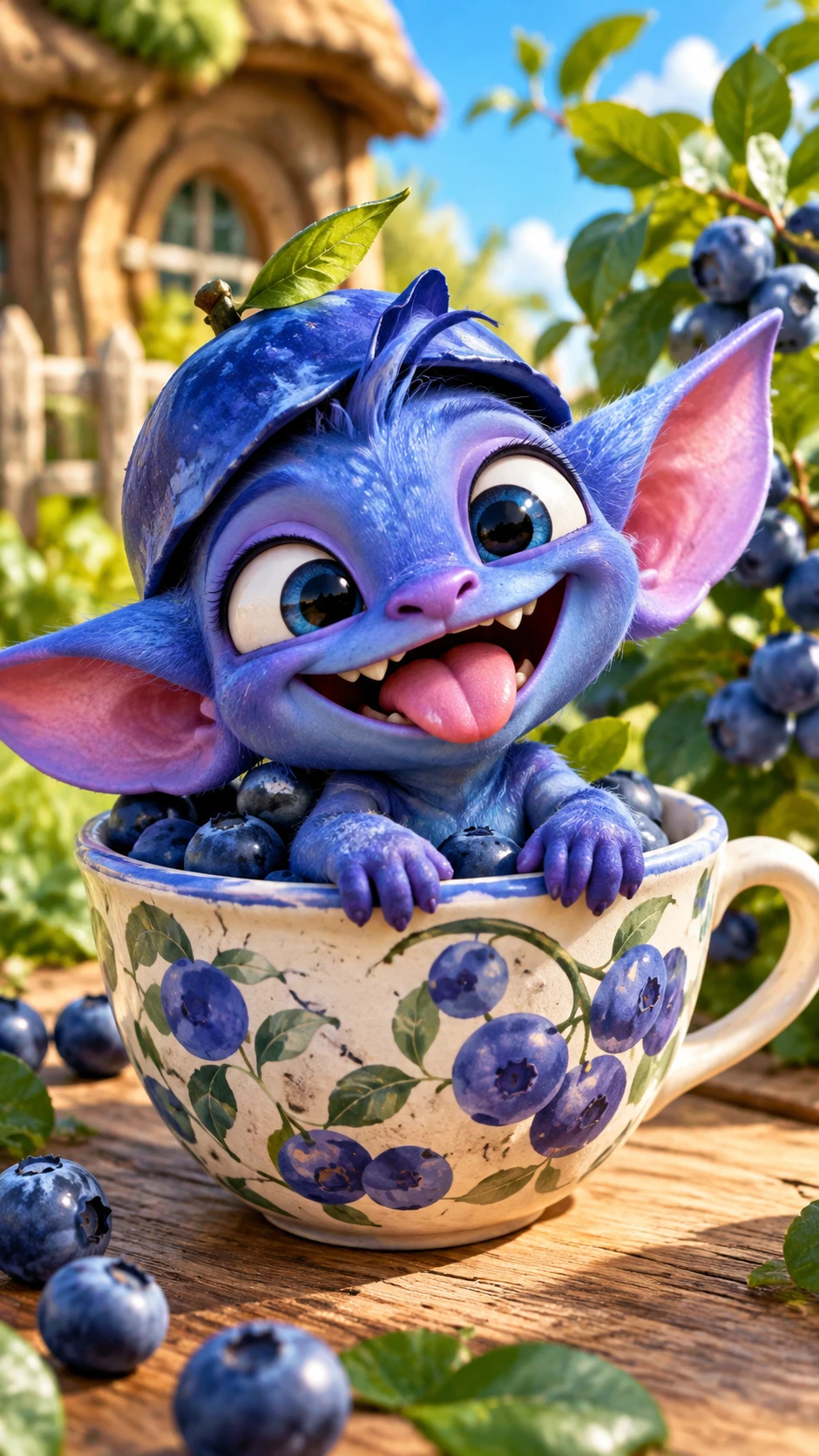 Duende fofo azul e roxo em ilustração digital vibrante