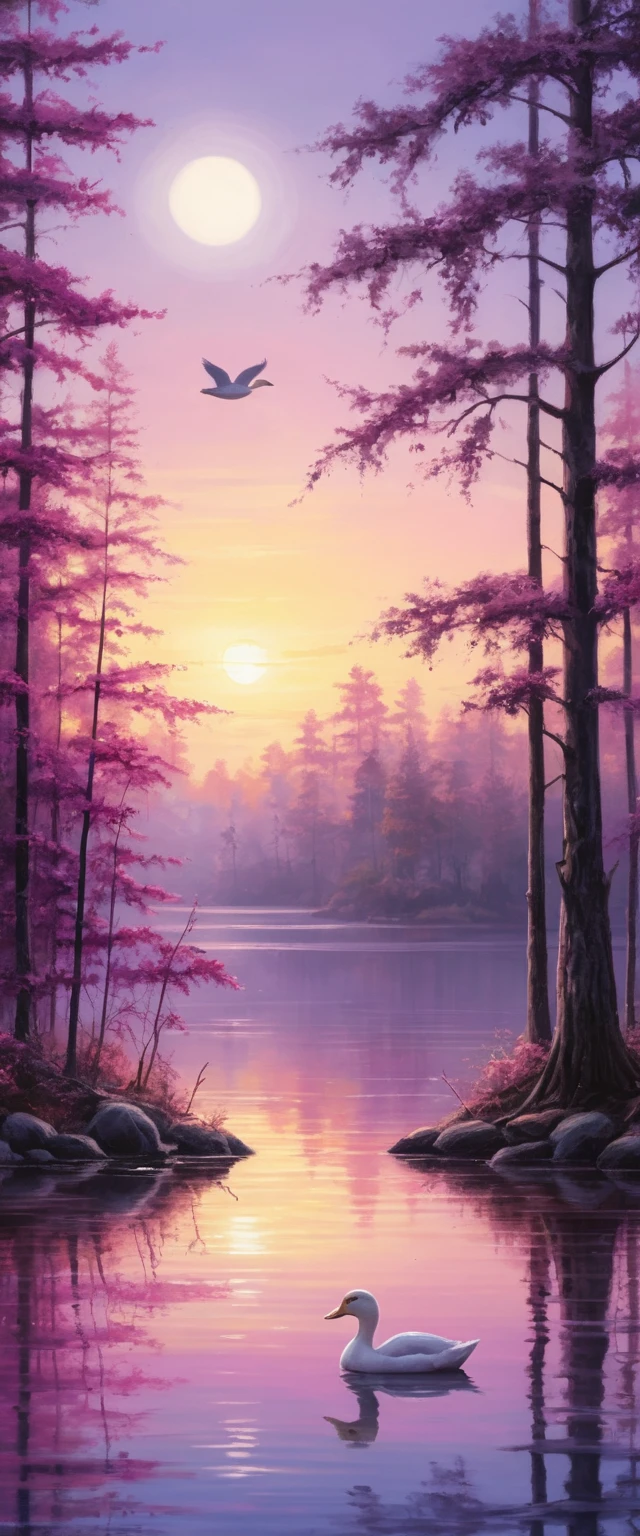 Lac forestier rose et violet au lever du soleil avec des canards en vol