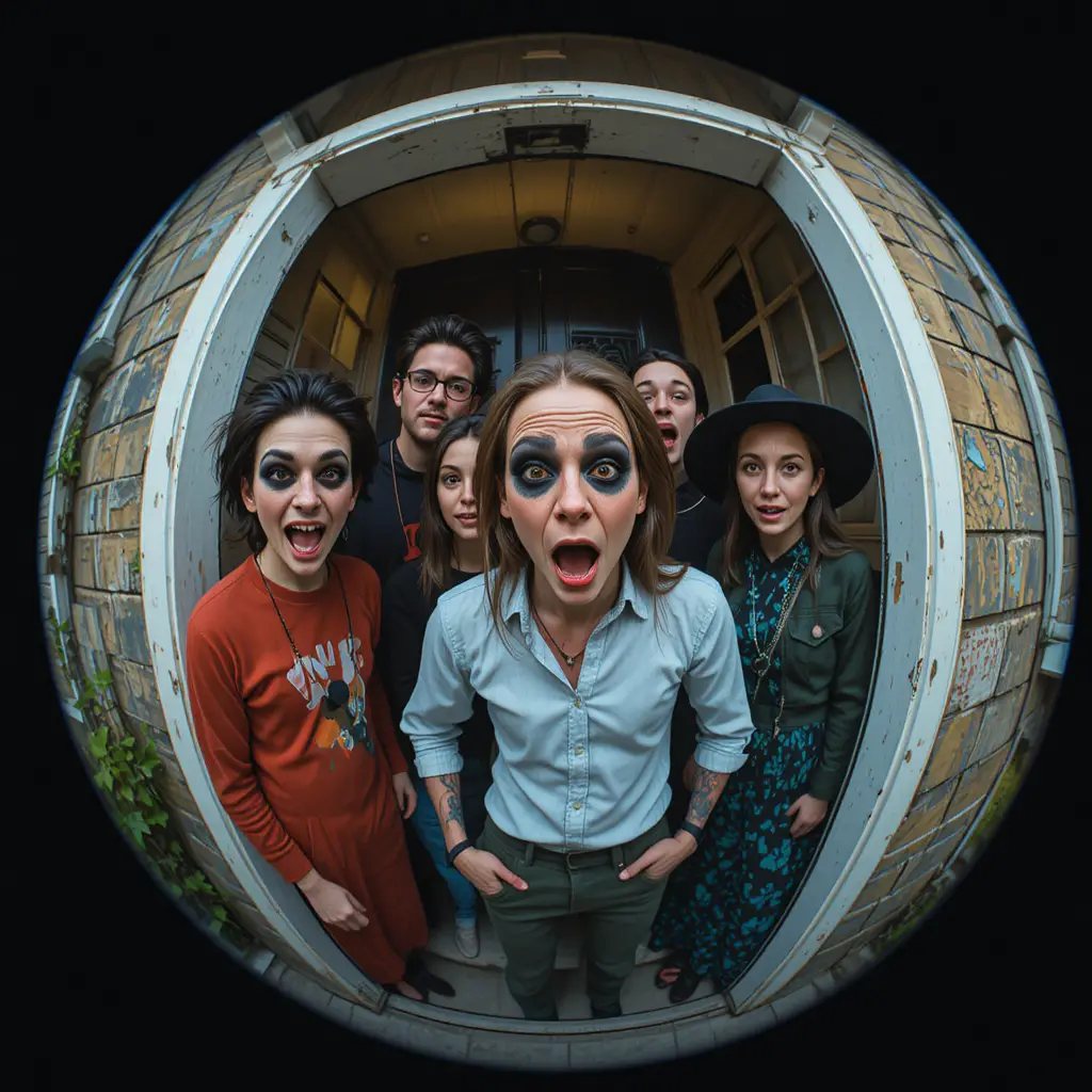 Gruppo di persone visto attraverso una porta in prospettiva fish-eye